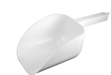Scoops: 32-ounce cream flat bottom scoop is great for scooping large amounts. Shown here in white.