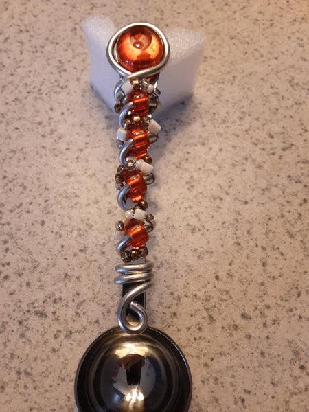 Scoops: Unique one-of-a-kind handmade beaded coffee scoop with premium quality glass beads and components. Orange and White. TN Orange. Scoops-Scoops.com
