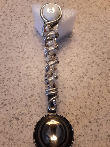 Scoops: Unique one-of-a-kind handmade beaded coffee scoop with premium quality glass beads and components. White & Gold.