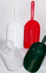 Scoops: 16 oz. large plastic scoops in four colors: Red, White, Clear and Forest Green. Scoops-Scoops.com