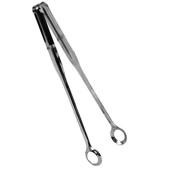 9.5 tongs stainless steel. Great for reaching into jars.  Maryjane