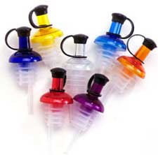 Wine Bottle Stoppers: Bottle Pourer's. Bright colors will add a spark to your kitchen or bar. Fits standard bottle openings. Scoops-Scoops.com